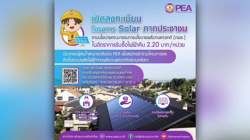 PEA เปิดลงทะเบียนโครงการ Solar ภาคประชาชน รับซื้อไฟฟ้าคืน 2.20 บาท/หน่วย